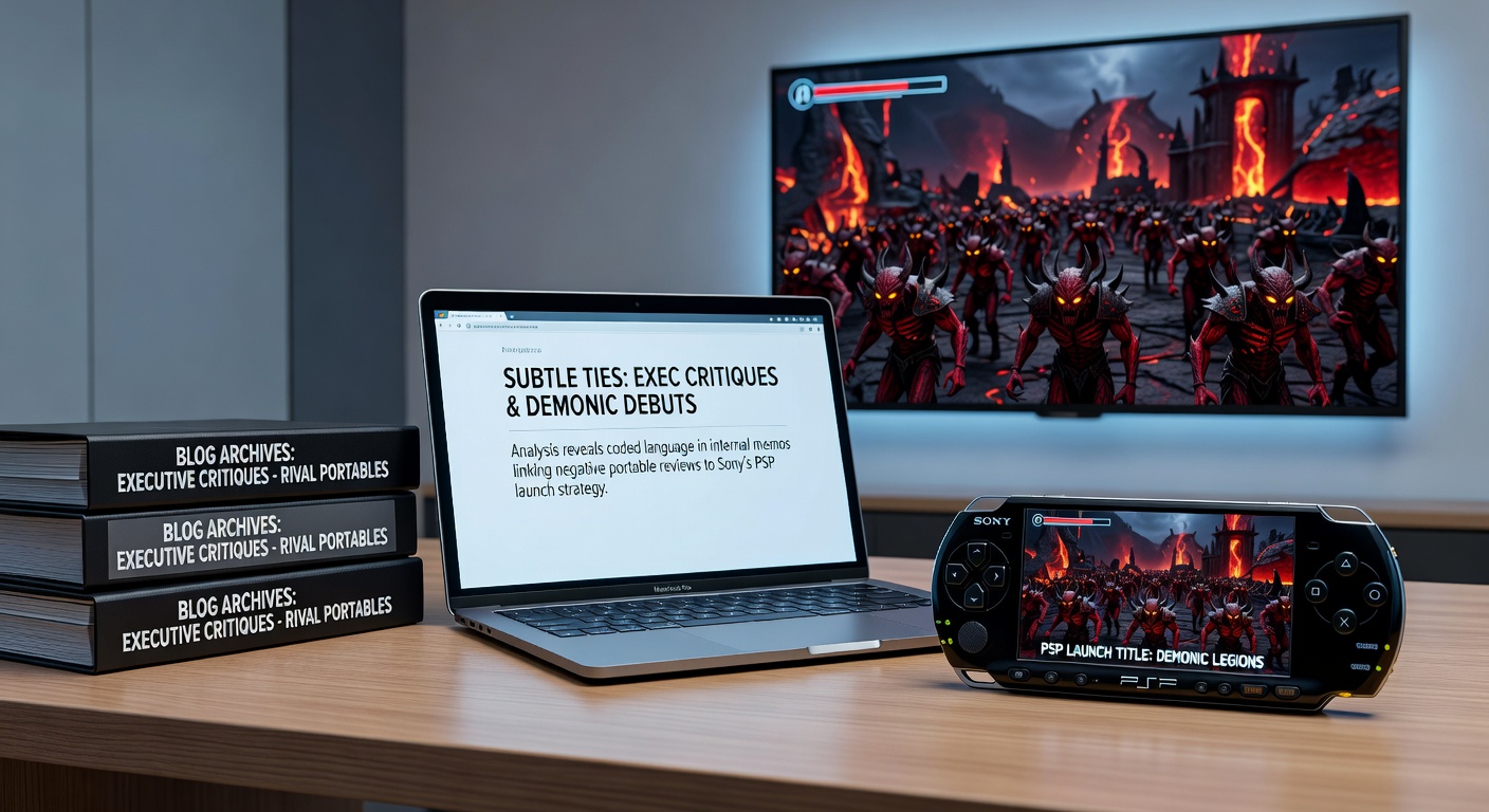 Blog archive screenshots showing highlighted executive statements alongside early Sony handheld reveal clips