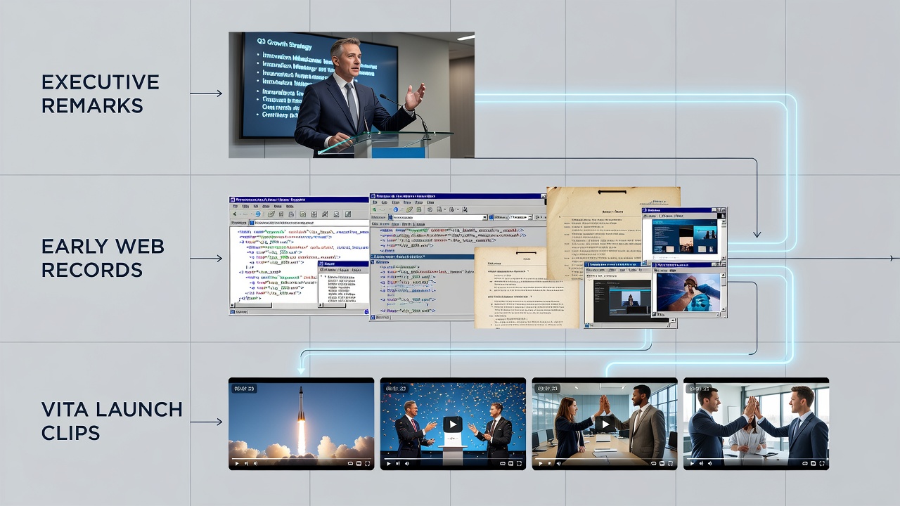 Screenshot of archived web pages illustrating timeline between remarks and Vita footage releases