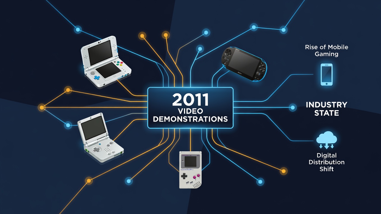 Industry presentation slides and video capture from 2011 events illustrating console announcement timelines and feature comparisons