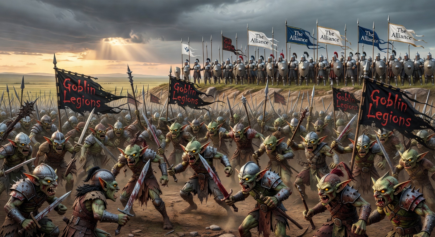 Epic battle scene showing Goblin Legions charging against Ironclad Dwarves fortifications in a rocky battlefield under stormy skies