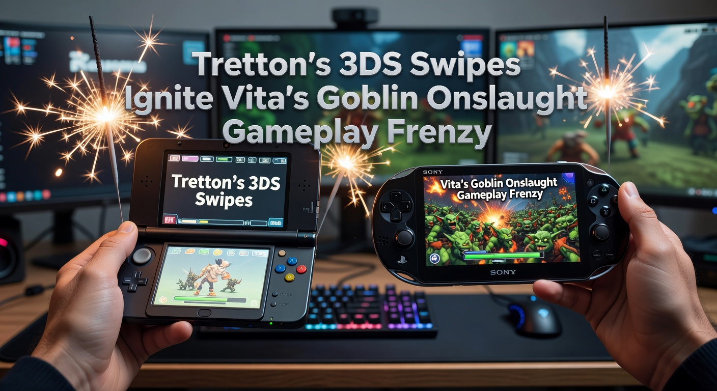 Jack Tretton speaking at a press event with Nintendo 3DS and PlayStation Vita consoles displayed side by side, capturing the intensity of the handheld rivalry