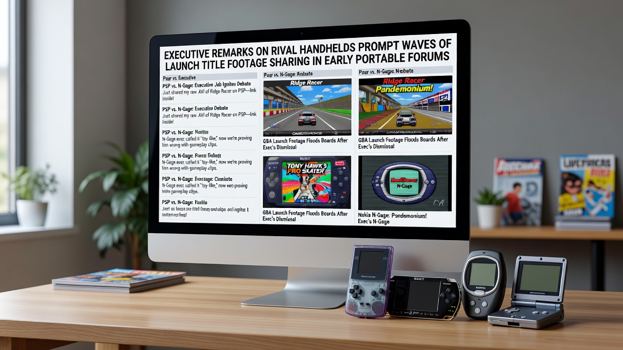 Early portable gaming forum interface showing shared launch title footage from competing handhelds