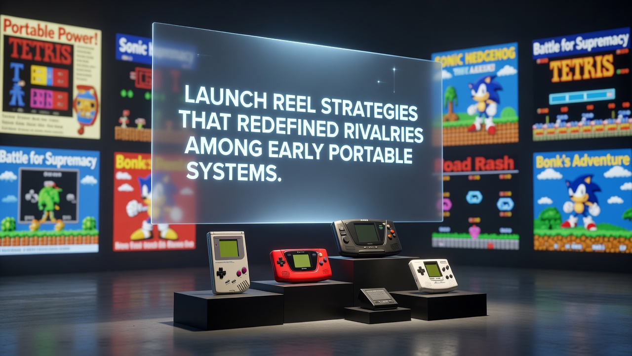 Early portable console launch event showcasing competing handheld devices from the late 1980s and early 1990s