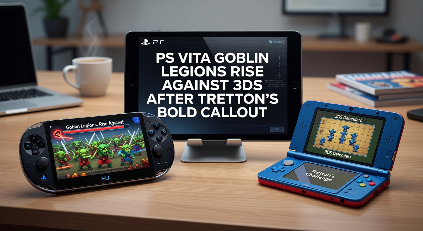 Jack Tretton in a dynamic podcast pose, gesturing emphatically during his callout on Nintendo 3DS, with PS Vita and goblin artwork overlaid