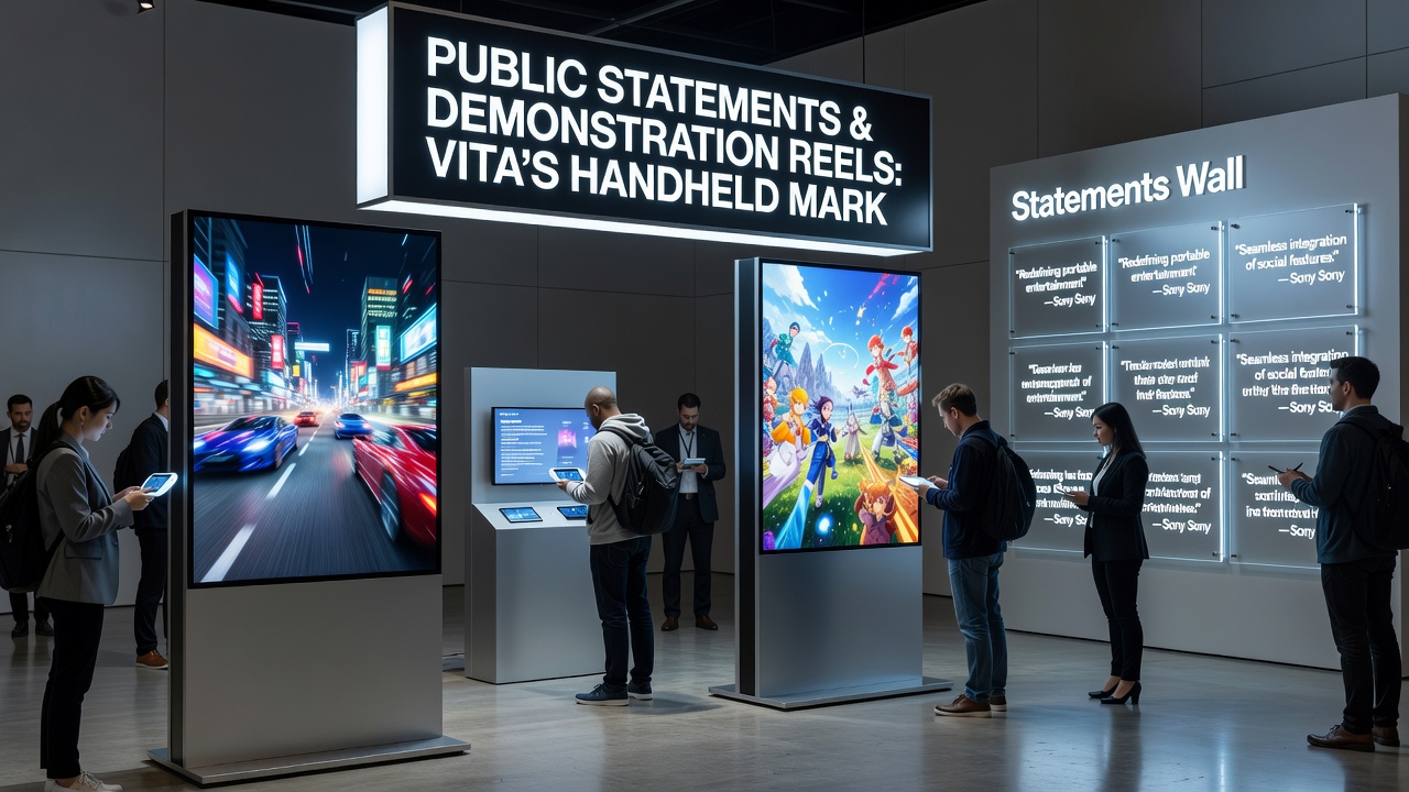 Side-by-side comparison of Sony executive presentation slides and corresponding Vita demonstration footage from the launch period