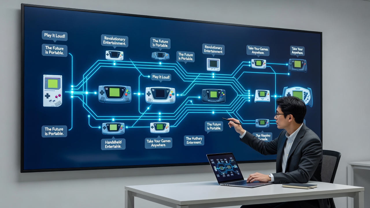 Detailed frame analysis from promotional videos illustrating narrative techniques used in early portable console marketing