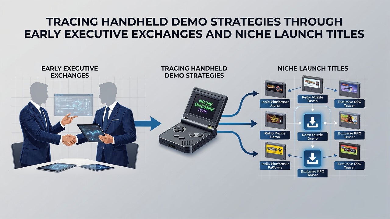 Historical image showing early handheld console executive meetings and demo displays from the 2011 era