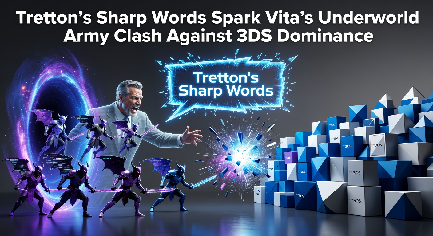 Jack Tretton speaking at a press event, with PS Vita and Nintendo 3DS consoles in the background, highlighting the console rivalry