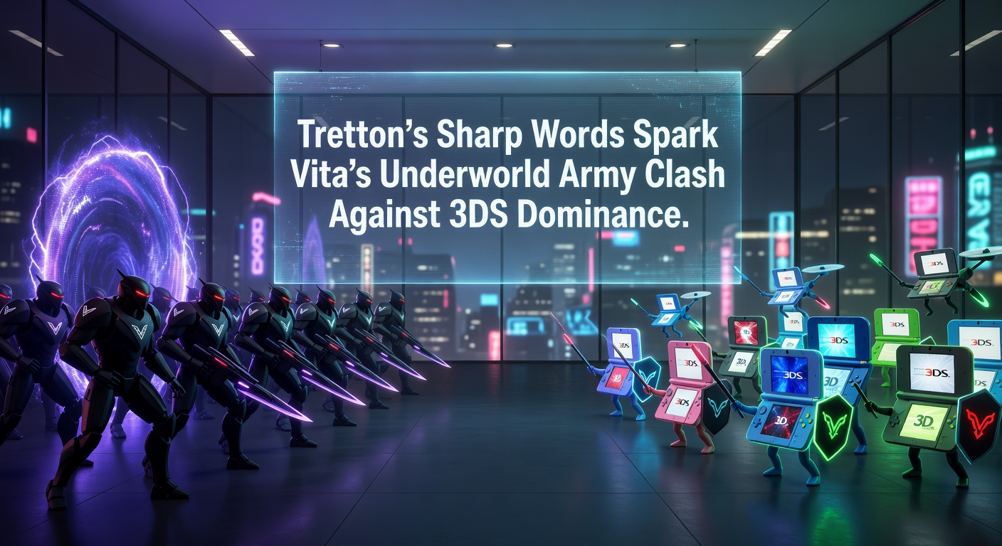 Gameplay screenshot from Army Corps of Hell on PS Vita, showing hordes of skeletal warriors battling enemies on a fiery battlefield, symbolizing the Vita-3DS rivalry