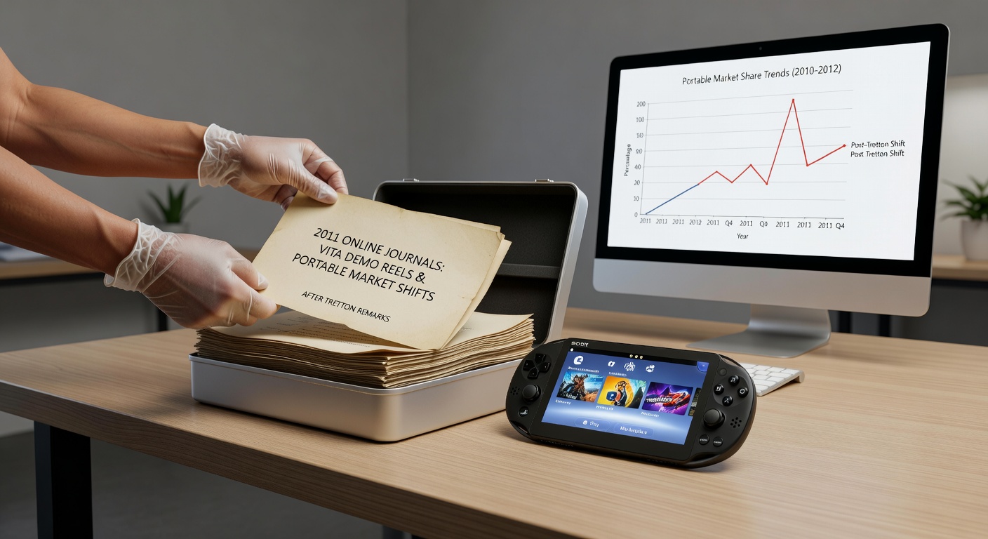 Archival image showing 2011 online journal entries discussing early Vita demo footage alongside market analysis charts from the portable gaming sector
